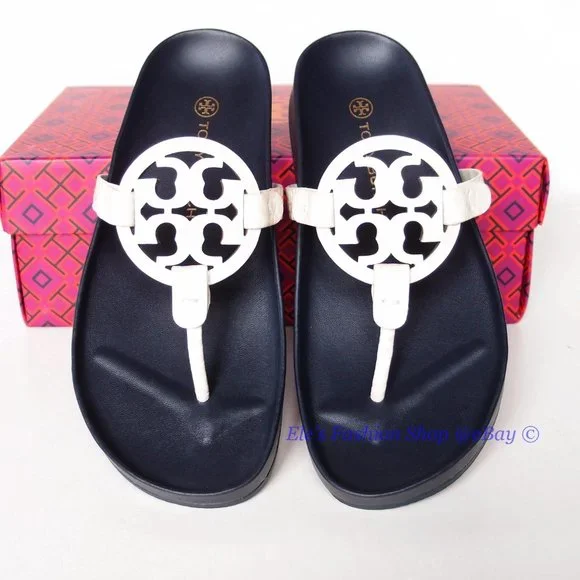NIB Tory Burch Miller Cloud Leather Thong Sandal Cream Navy US 9 100% AUTHENTIC